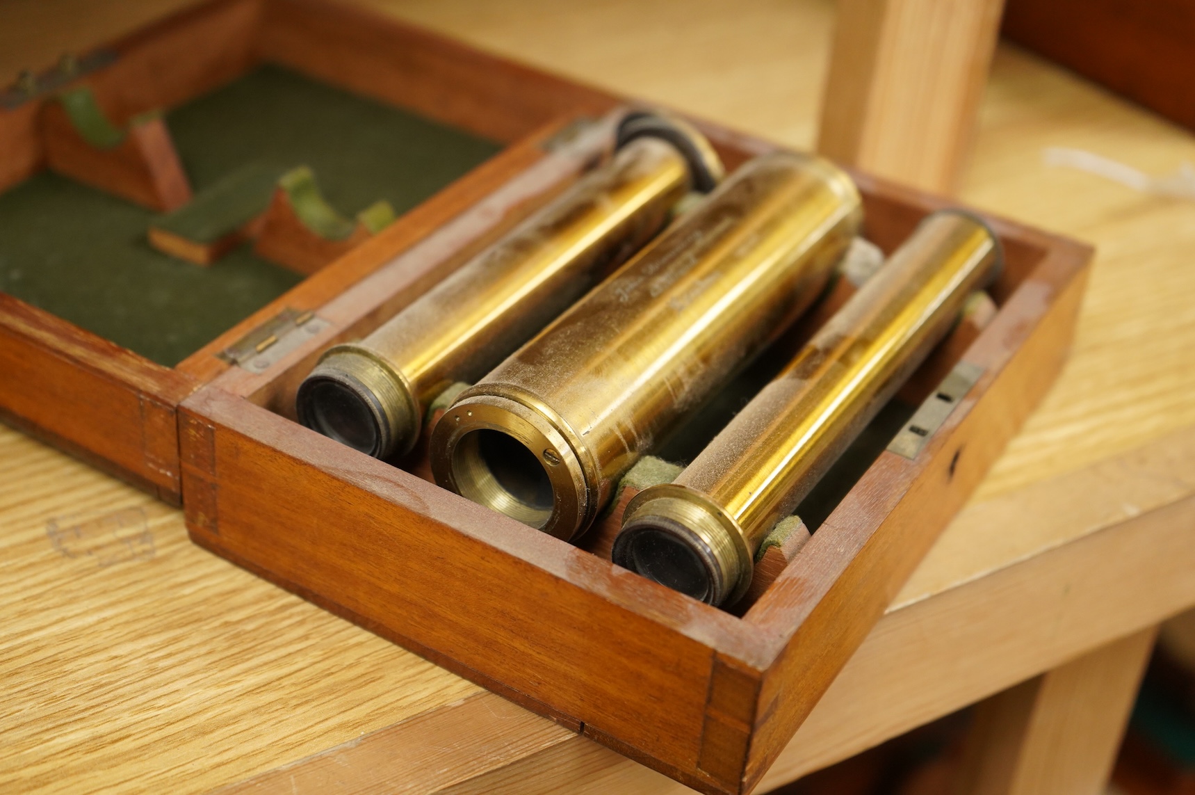 A late 19th century lacquered brass spectroscope, in three sections , by John Brown, 63, Strand, London, mahogany cased; 19 x 13.5 x 7cm